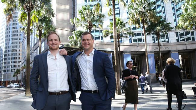 Daniel Roberts (R) exec chair and co-founder Iris energy with his brother Will Roberts co-founder Iris energy, photographed outside Chifley Square in Sydney. Britta Campion / The Australian