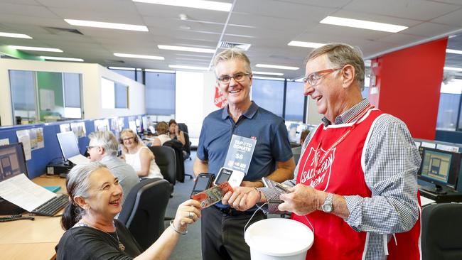 The Salvation Army Red Shield appeal is back on this year. Pictured: Leanne Dalby, Salvation Army funding and PR manager Rowan Johnstone and Andre van Dalen from the Apple marketing Group. Pic Tim Marsden