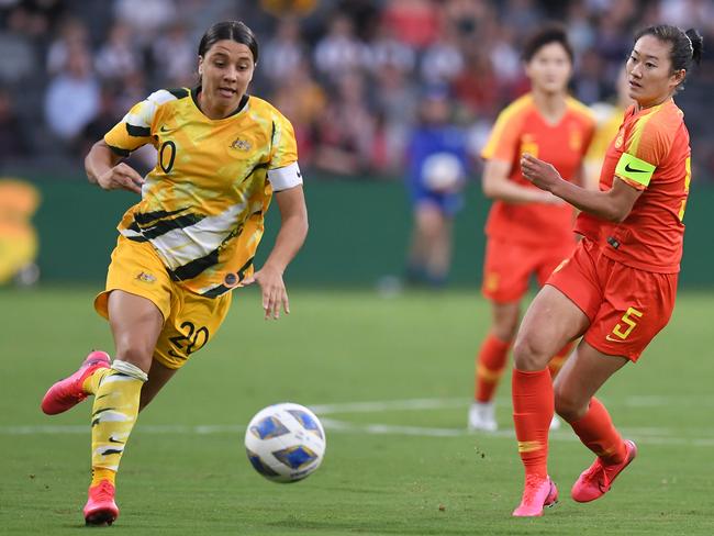 Sam Kerr of Australia during the Women's Olympic Tokyo 2020 Asian Qualifiers match between Australia and China at Bankwest Stadium in Sydney, Thursday, February 13, 2020. (AAP Image/Dean Lewins) NO ARCHIVING, EDITORIAL USE ONLY