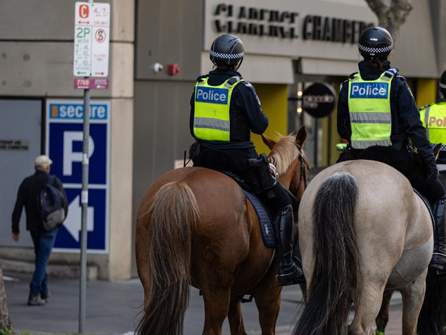 MELBOURNE, AUSTRALIA - NewsWire Photos - 22 AUGUST, 2024: The mounted branch of Victoria Police is seen patrolling the streets of Melbourne. Picture: NewsWire / Diego Fedele