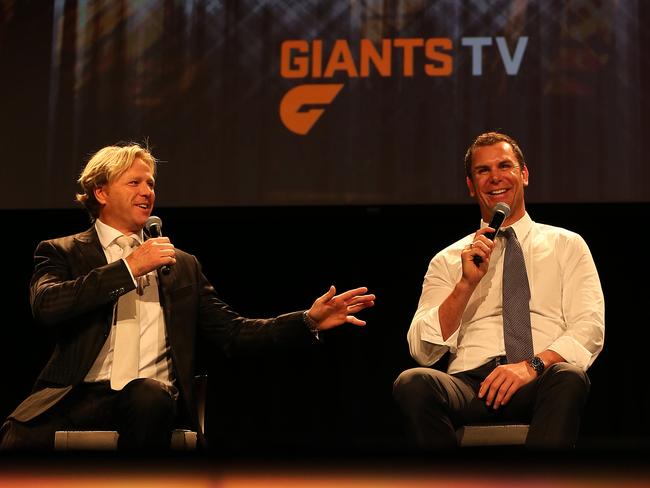 Wayne Carey (left) at a grand final lunch in 2013. Picture: Phil Hillyard