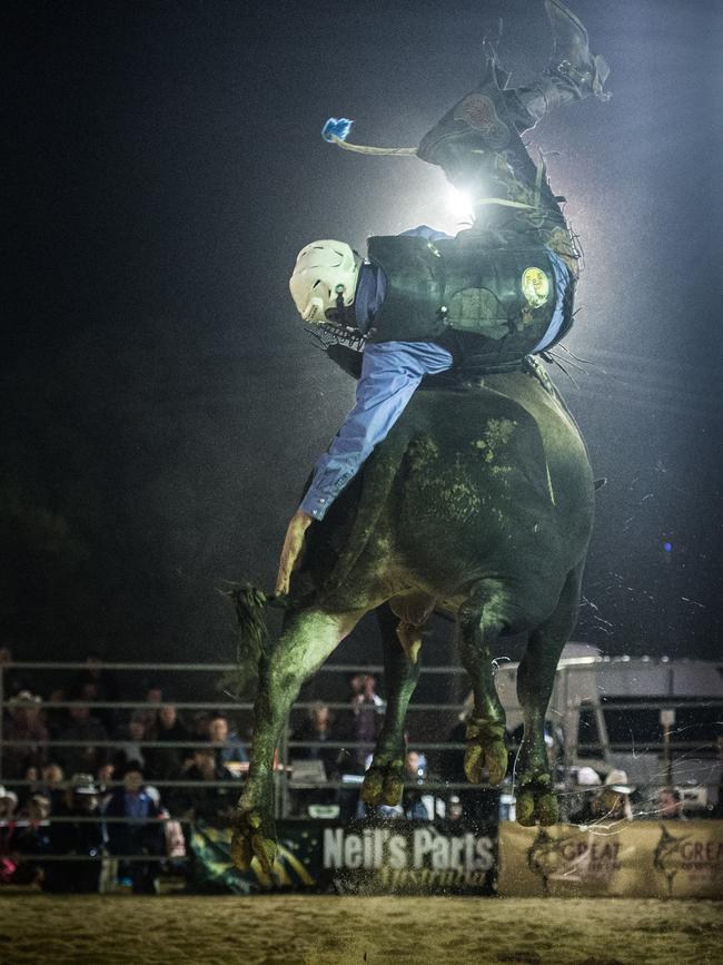 It's a long way down to the ground for Mick Knight as he is thrown from his bull in the preliminary rounds for the PBR Grafton event.