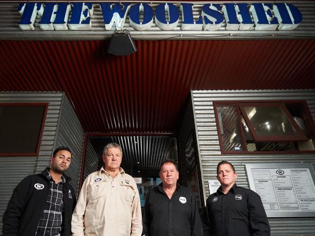 Woolshed managers Jase Luth, owner John Meek, Alex Laughton and Andrew Chandler outside the Woolshed on Hindley St, preparing to let go of 100 staff. Picture: Matt Loxton