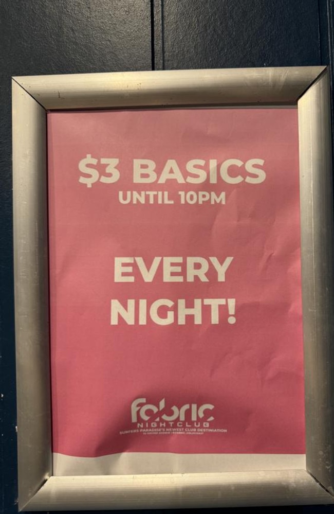 Fabric nightclub advertises $3 drinks, a massive 75 per cent discount from normally priced drinks. Picture: Supplied