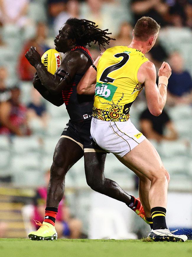 Jordan Lewis accused Grimes of a “borderline flop” to win a free kick, which disallowed an Anthony McDonald-Tipungwuti goal. Picture: Getty