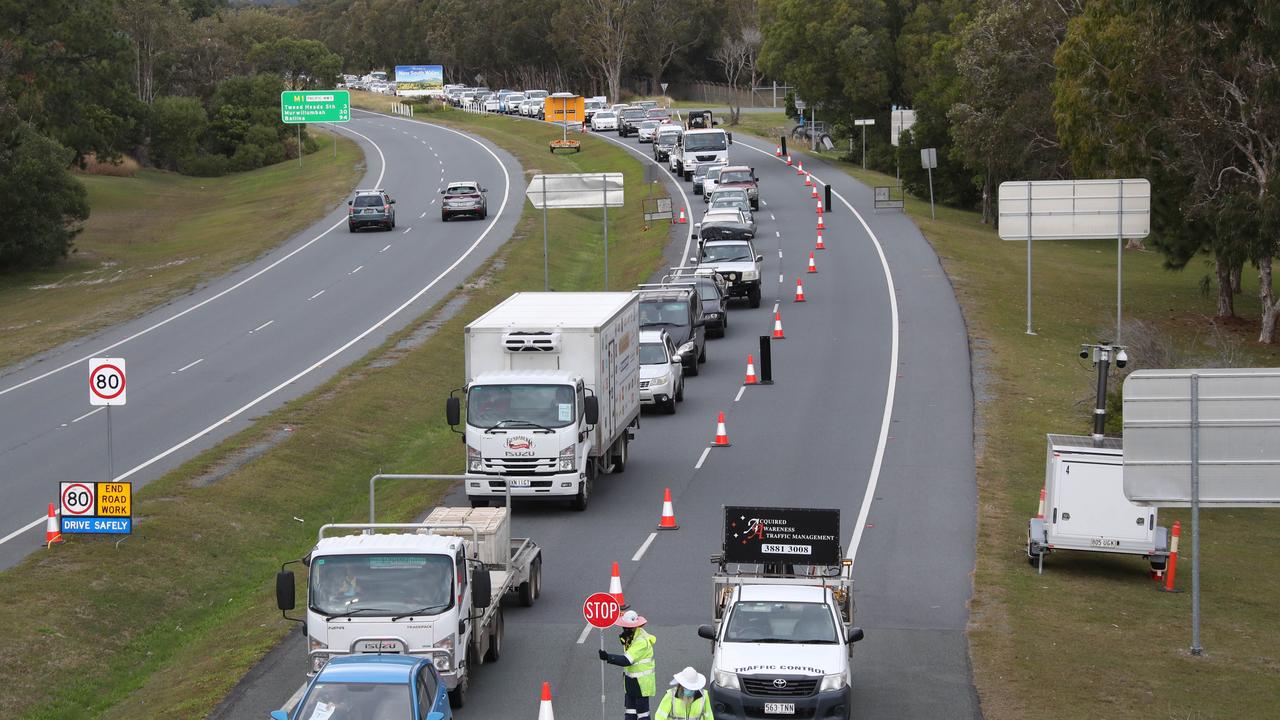 The hard border and long Queues return to the Qld NSW border on the Gold Coast. Long Queues on the Gold Coast highway atCoolangatta. Picture: Glenn Hampson.