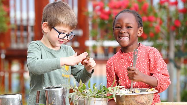 Kai, 5, and Hawa, 5, attend Pennington Children's Centre, which is rated as exceeding national quality standards by ACECQA. Picture: Tait Schmaal.