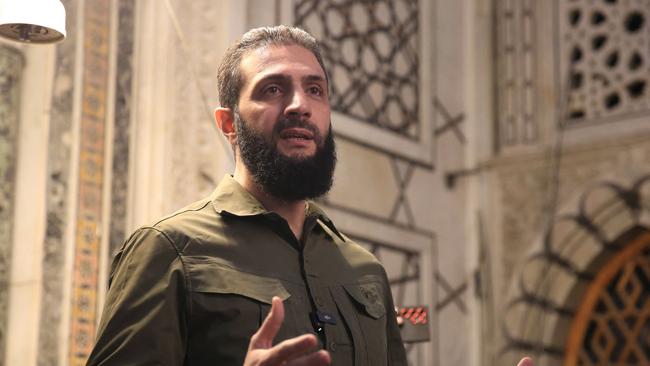 Ahmed al-Sharaa addressing a crowd at the capital’s landmark Umayyad Mosque after the lightning rebel offensive snatching Damascus from government control. Picture: AFP