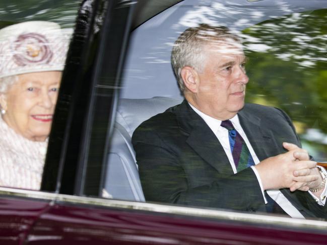 Queen Elizabeth II and Prince Andrew, Duke of York are driven from church following service in 2019 in Crathie, Aberdeenshire near Balmoral Castle. Picture: Getty