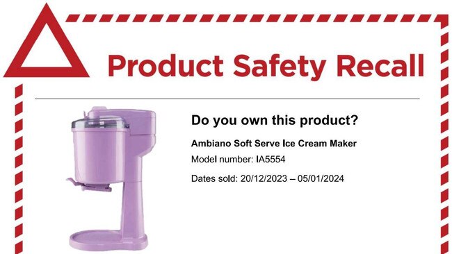 An image of the product recall sent out by the company. Picture: Aldi