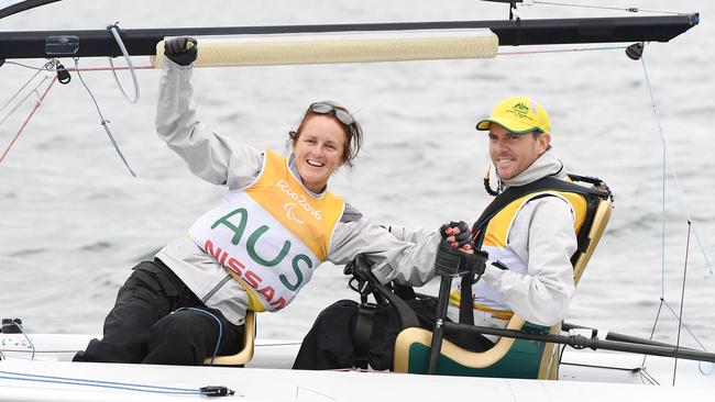 Daniel Fitzgibbon and Liesl Tesch celebrate winning their second gold medal together.