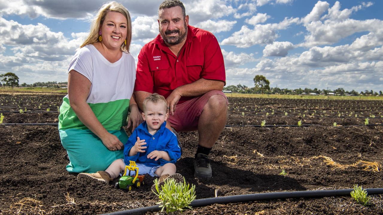 From the classroom to planting crops, former schoolteacher, Alicia Vohland and her family have recently launched a new boutique lavender and honey farm just outside Toowoomba. In the freshly hand planted field of 6000 new lavender plants are (from left) Alicia, Noah and Craig Vohland. Picture: Nev Madsen