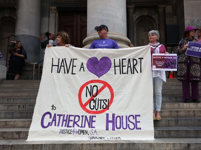 ADELAIDE, AUSTRALIA - Advertiser Photos MAY 8, 2021: Protestors at the Justice4Women SA rally on the steps of the Parliment of South Australia against the decision of the SA government to alter funding to Catherine House a crisis service for women experiencing homelessness in South Australia. Picture Emma Brasier