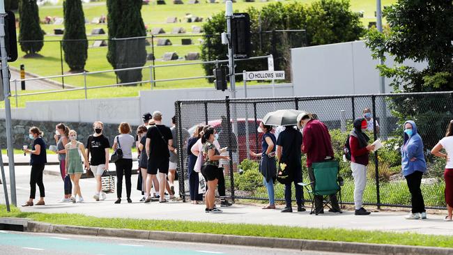 A line of people waiting to get a Covid test at Gold Coast University Hospital. Picture: NIGEL HALLETT