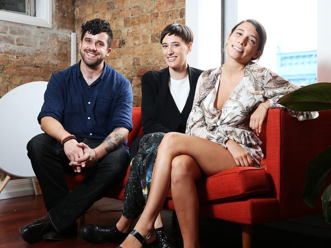 Millennials Regan Kerr, Cleo Posa and Matea Rojas at their workplace in Surry Hills. Picture: Tim Hunter.