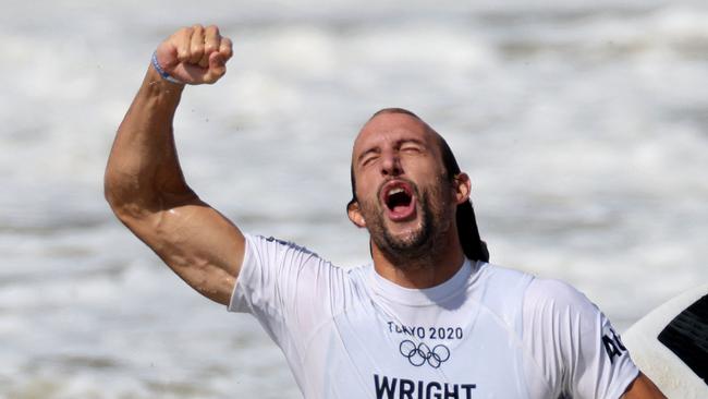 Australia's Owen Wright celebrates after winning his bronze medal at the Tokyo 2020 Olympic Games.