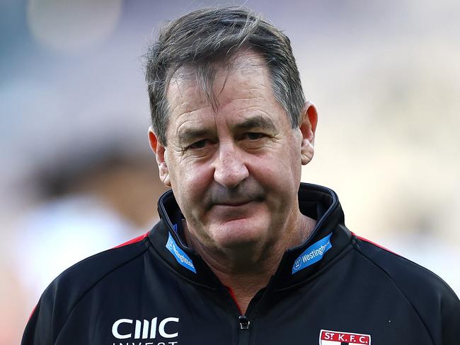 MELBOURNE, AUSTRALIA - MAY 26: Ross Lyon, Senior Coach of the Saints looks on during the round 11 AFL match between Narrm (the Melbourne Demons) v Euro-Yroke (the St Kilda Saints) at Melbourne Cricket Ground, on May 26, 2024, in Melbourne, Australia. (Photo by Quinn Rooney/Getty Images)
