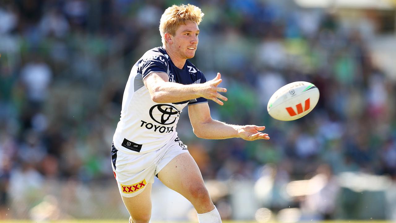 QUEANBEYAN, AUSTRALIA - FEBRUARY 25: Tom Dearden of the Cowboys in action during the NRL Pre-season challenge match between Canberra Raiders and North Queensland Cowboys at Seiffert Oval on February 25, 2024 in Queanbeyan, Australia. (Photo by Mark Nolan/Getty Images)