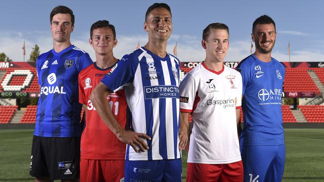 Comets’ Allan Welsh, Adelaide United’s Louis D’Arrigo, West Adelaide’s Marcelo Carrusca, Croydon’s Luke Klimek and Olympic’s Fausto Erba. Picture: Naomi Jellicoe