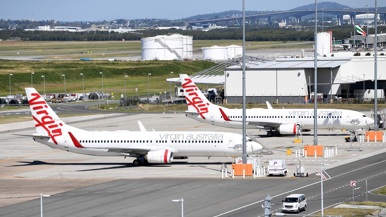 Grounded Virgin aircraft parked at Brisbane Airport. Picture: Dan Peled/AAP