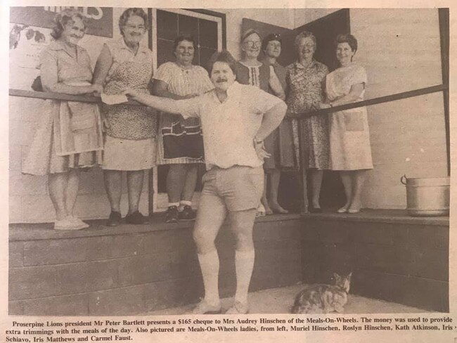 FLASHBACK: Proserpine Lions Club president Peter Bartlett visited and made contributions to the local meals on wheels organisation and other groups. Pictured with Peter are Meals on Wheels volunteers (from left) Muriel Hinschen, Roslyn Hinschen, Kath Atkinson, Iris Schiavo, Iris Matthews and Carmel Faust. Photo: Proserpine Guardian, October 1985