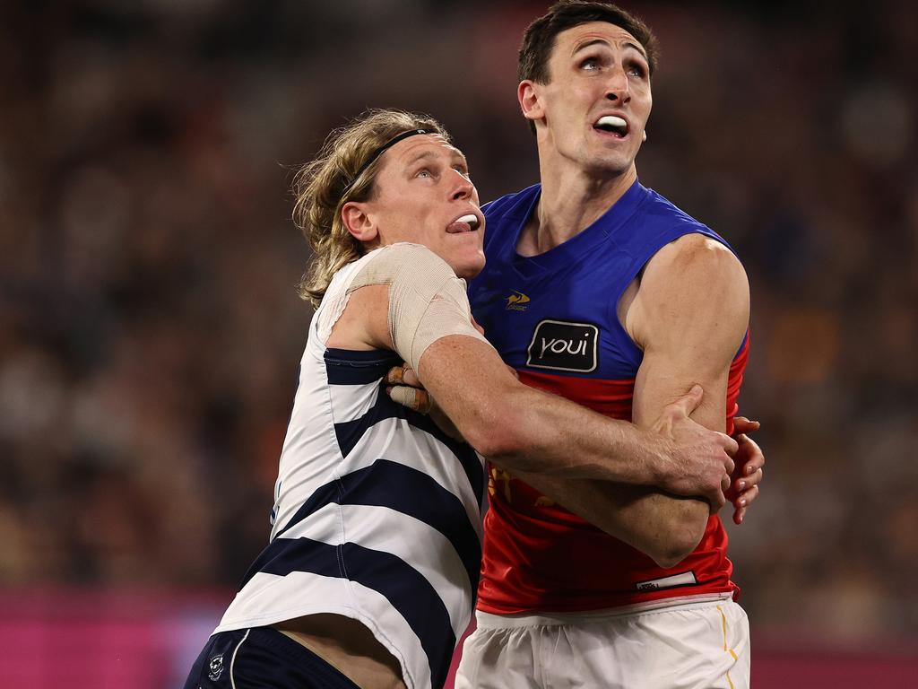 Geelong’s Mark Blicavs (left) and Brisbane’s Oscar McInerney jostle for position during the Cats’ preliminary final win in 2022. Picture: Michael Klein