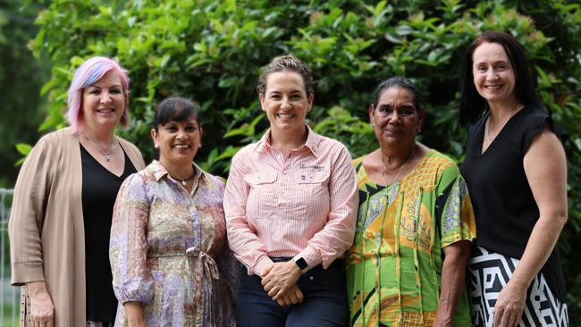 CLP candidates Robyn Cahill in Port Darwin, Oly Carlson in Wanguri, Helen Secretary in Nightcliff and Laurie Zio in Fannie Bay with leader Lia Finocchiaro (centre).