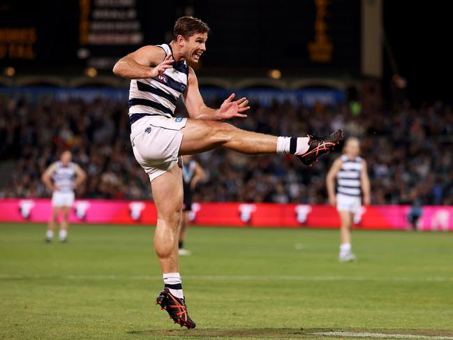 Cats star Tom Hawkins has confirmed he will play on in 2023 as Geelong prepares to face an in-form Western Bulldogs outfit in skipper Joel Selwood’s 350th game. Picture: James Elsby