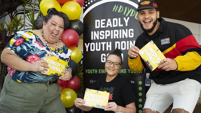 Samara Jose, Nicole Caelli and Daniel Rosendale from Deadly Inspiring Youth Doing Good (DIYDG) are calling for young people to join them on the convoy to Gurindji. Picture Emily Barker