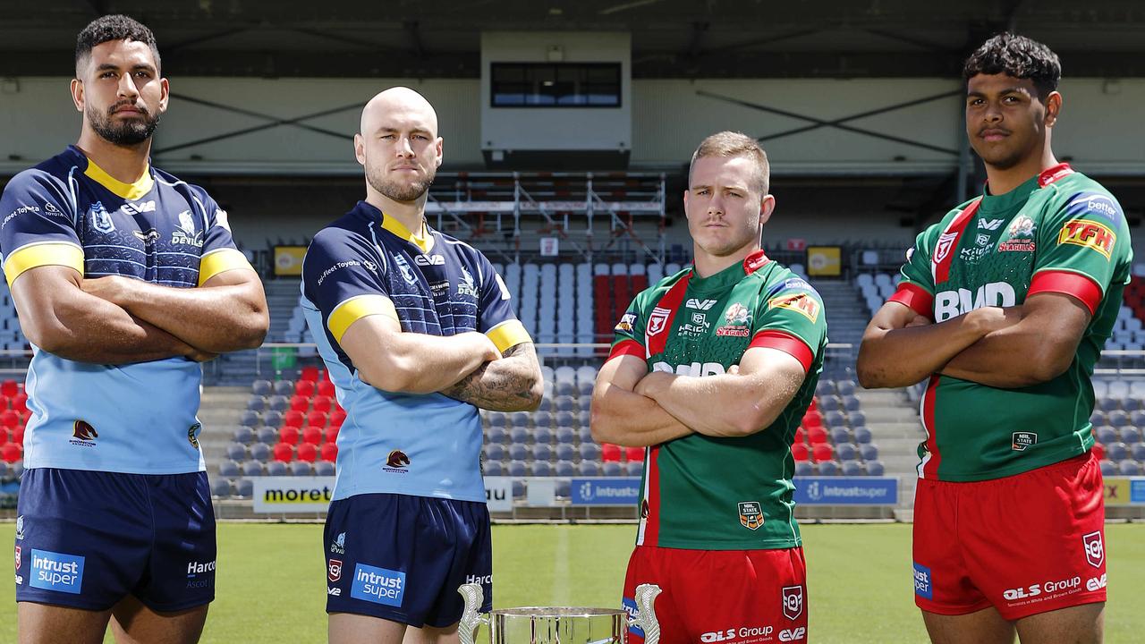 Nene Macdonald and Jack Ahearn (Norths Devils) and Sam Scarlett and Selwyn Cobbo (Wynnum Manly Seagulls) face off before the grand final. Picture: AAP Image/Josh Woning