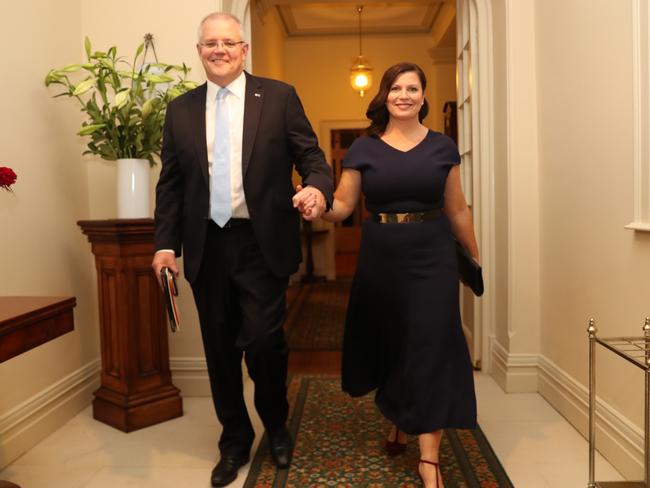 Prime Minister Scott Morrison celebrates his victory with his wife Jen. Picture: Adam Taylor