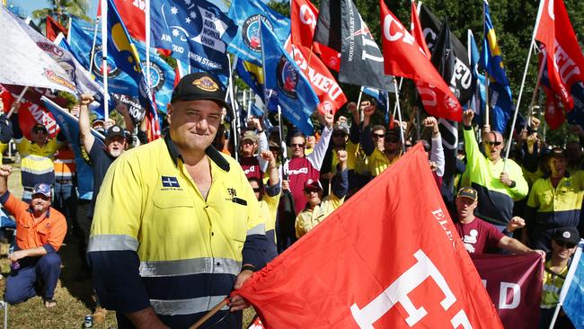 Council workers and their union representatives held a stop work meeting and protest march in the Cairns CBD in 2018. The large group of workers, led by Rob Hill of the Electrical Trades Union, ended the protest on the Cairns Esplanade. Picture: Brendan Radke