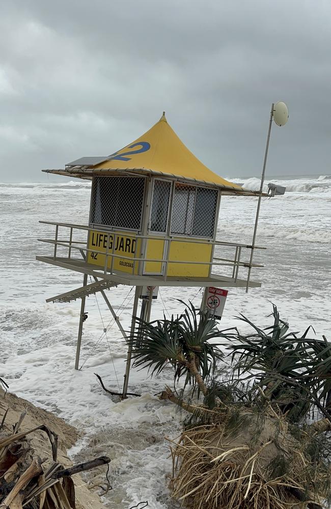 Gold Coast surf life saving tower at The Spit which has fallen into the sea. Picture: Andrew Potts.