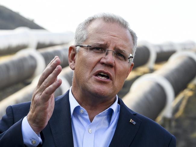 Australian Prime Minister Scott Morrison speaks to the media after a tour of the Tumut 3 power station at the Snowy Hydro Scheme in Talbingo, Tuesday, February 26, 2019. Scott Morrison announced today a further $1.3 billion investment into the Snowy Hydro 2.0 project. (AAP Image/Lukas Coch) NO ARCHIVING