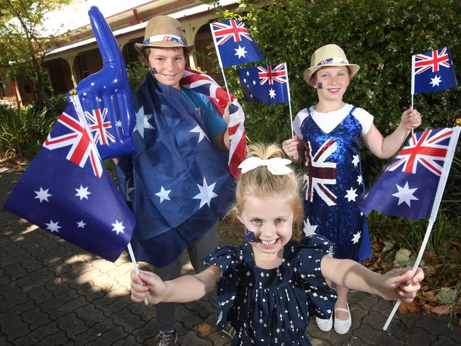 Siblings Riley, 11, and Ava, 8, Kingsell and four-year-old Gisele Bozinovski preparing for Camden Australia Day celebrations. Picture: Robert Pozo