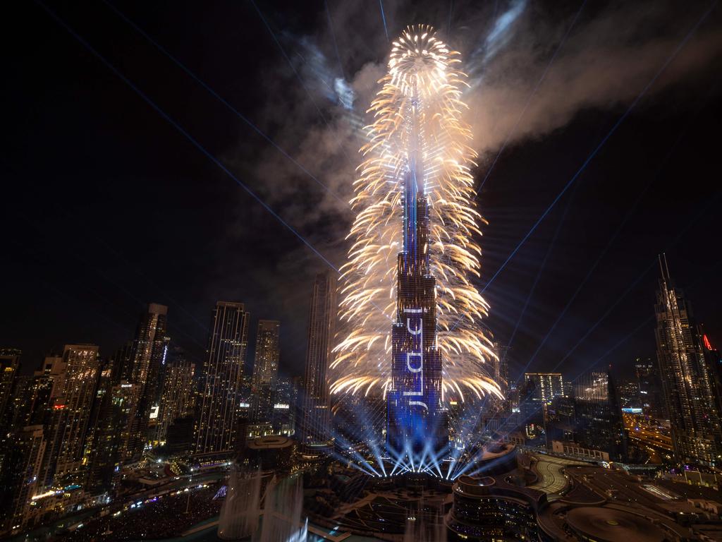 Fireworks exploding around the Burj Khalifa Tower during New Year's celebrations in Dubai. Picture: Fadel Senna / AFP