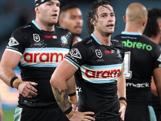 SYDNEY, AUSTRALIA - JUNE 28:  Nicho Hynes of the Sharks reactsduring the round 17 NRL match between Canterbury Bulldogs and Cronulla Sharks at Accor Stadium on June 28, 2024, in Sydney, Australia. (Photo by Cameron Spencer/Getty Images)