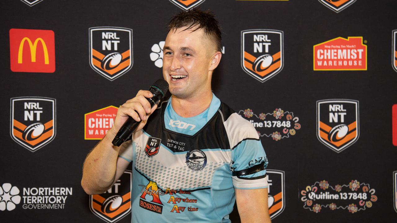 Mitch Burke as Northern Sharks celebrate winning the 2023 NRL NT grand final. Picture: Pema Tamang Pakhrin