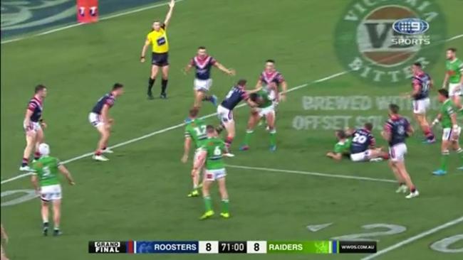 That moment in the 2019 NRL decider when referee Ben Cummins shows last tackle after waving ‘six again’ for Canberra.