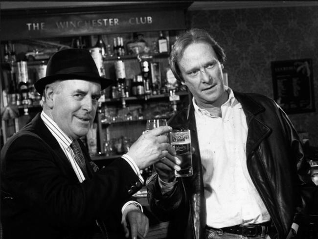 British actor George Cole (l) with Dennis Waterman (r) in scene from TV program Minder. Picture: Supplied