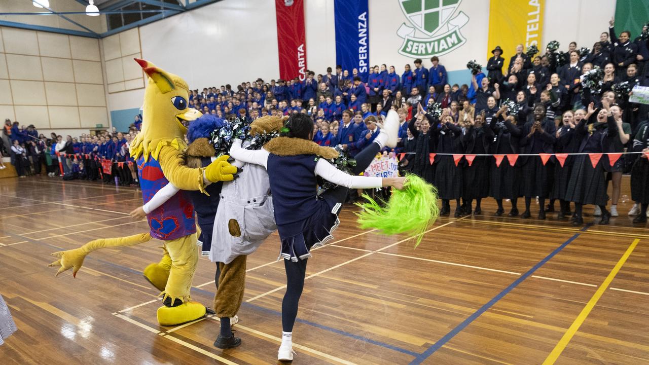 The school mascots get the crowd going during a break in St Ursula's Senior A against Downlands First VII in Merici-Chevalier Cup netball at Salo Centre, Friday, July 19, 2024. Picture: Kevin Farmer