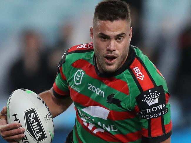 Souths Corey Allan scores a try during the Souths v Roosters NRL match at ANZ Stadium, Homebush. Picture: Brett Costello