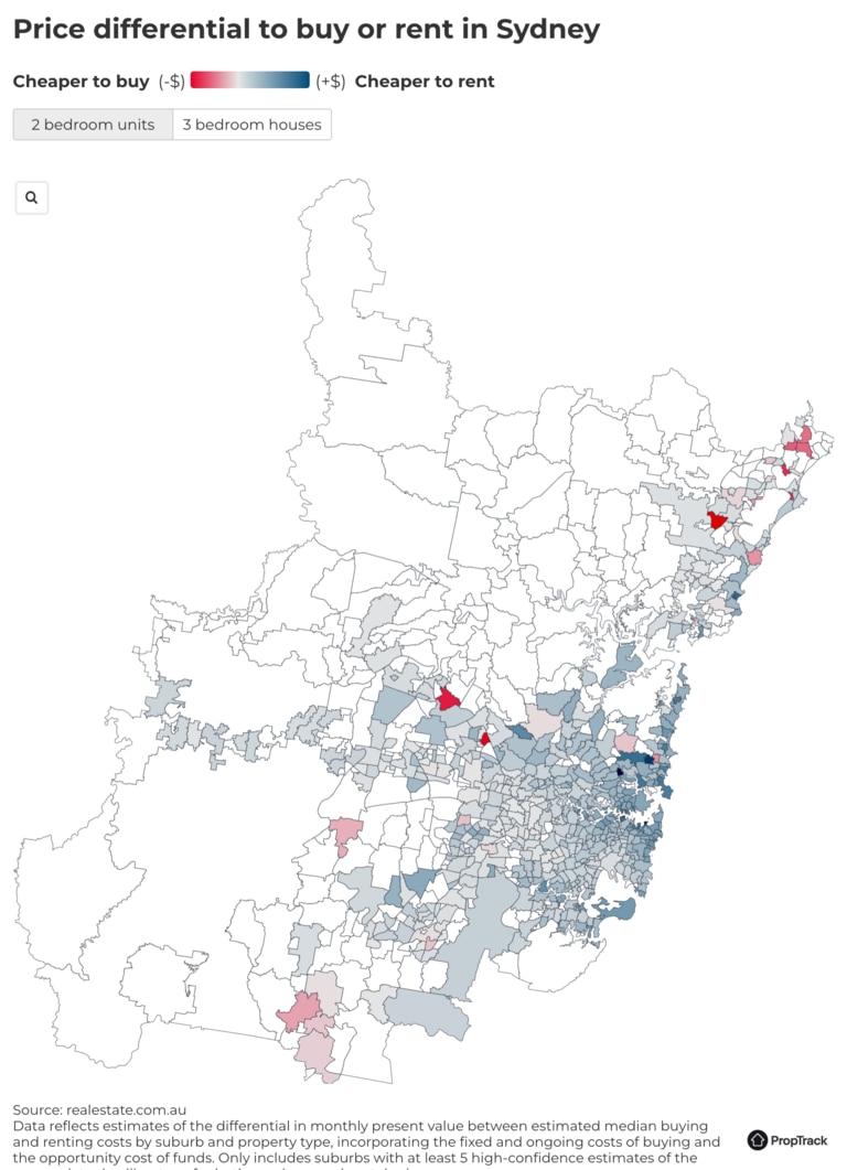 Interest rates have sharply driven the disparity between buying and renting in NSW. Picture: PropTrack