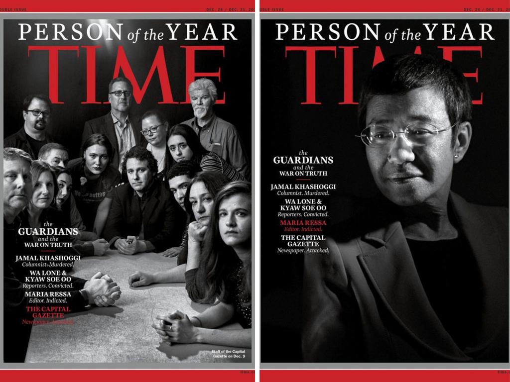 In 2018, the Time magazine "Person of the Year" was given to "The Guardians", split between journalists who faced persecution, arrest or murder for their reporting. This cover shows the staff of the Capital Gazette in Annapolis, Maryland, including five members killed in mass shooting in their newsroom and Philippine journalist Maria Ressa. Photo by Moises SAMAN / TIME Inc. / AFP