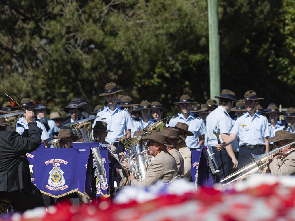 Harlaxton RSL brass band performing during Toowoomba's Anzac Day mid-morning service at the Mothers' Memorial, Thursday, April 25, 2024. Picture: Kevin Farmer