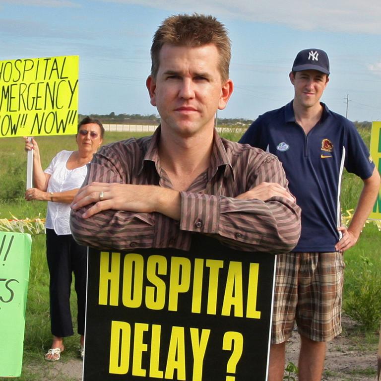 Jarrod Bleijie with members of SCUHAG at the proposed Kawana Hospital site in 2010. Photo: Cade Mooney