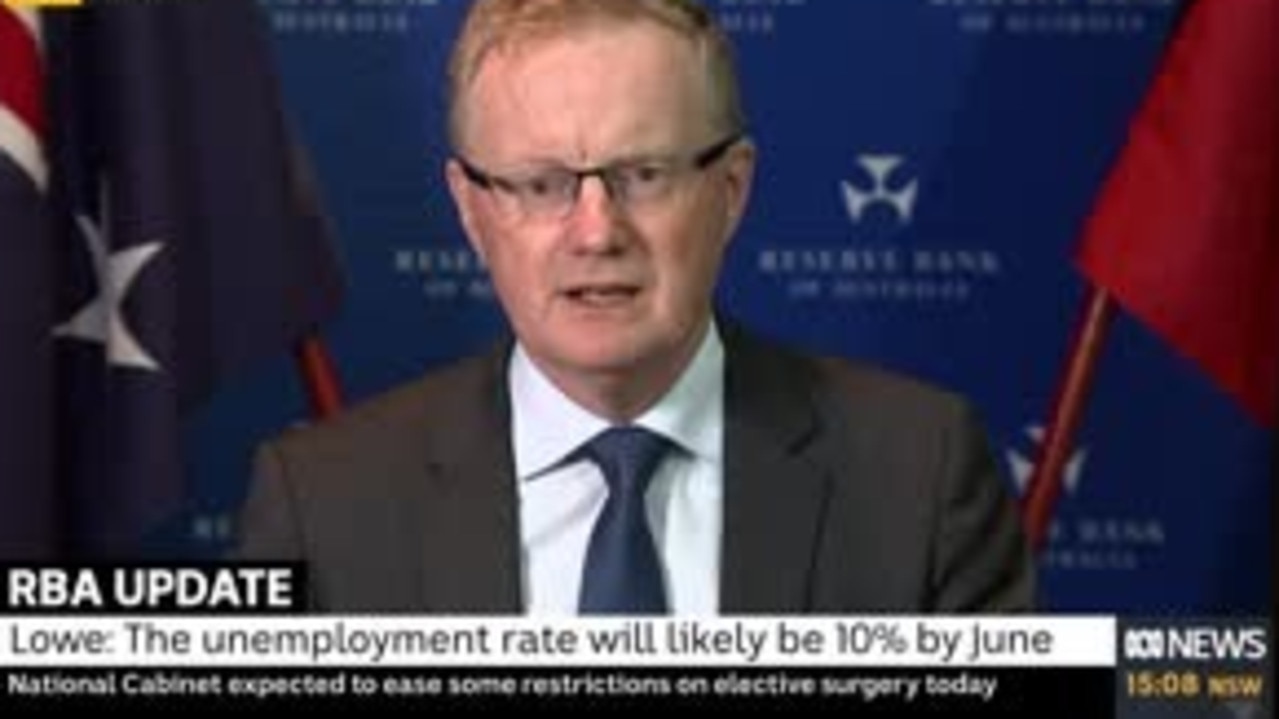 RBA Governor Philip Lowe says the unemployment rate will reach 10 per cent within months. Picture: ABC News