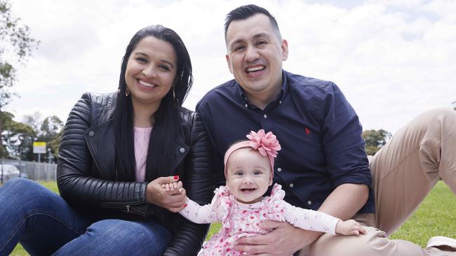 Maye Rodrigues, Fernando Ibarra, 39 and their daughter Sofia (seven months) are feeling the impact of inflation. Picture David Swift