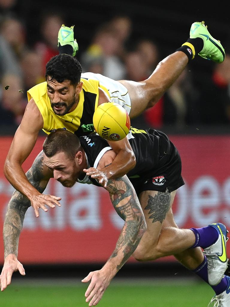 Marlion Pickett crashes over Tim Membrey. Picture: Quinn Rooney/Getty Images