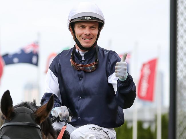 Ben Melham returns to the mounting yard aboard Homesman (USA) after winning the Schweppes Crystal Mile at Moonee Valley Racecourse on October 24, 2020 in Moonee Ponds, Australia. (George Salpigtidis/Racing Photos via Getty Images)